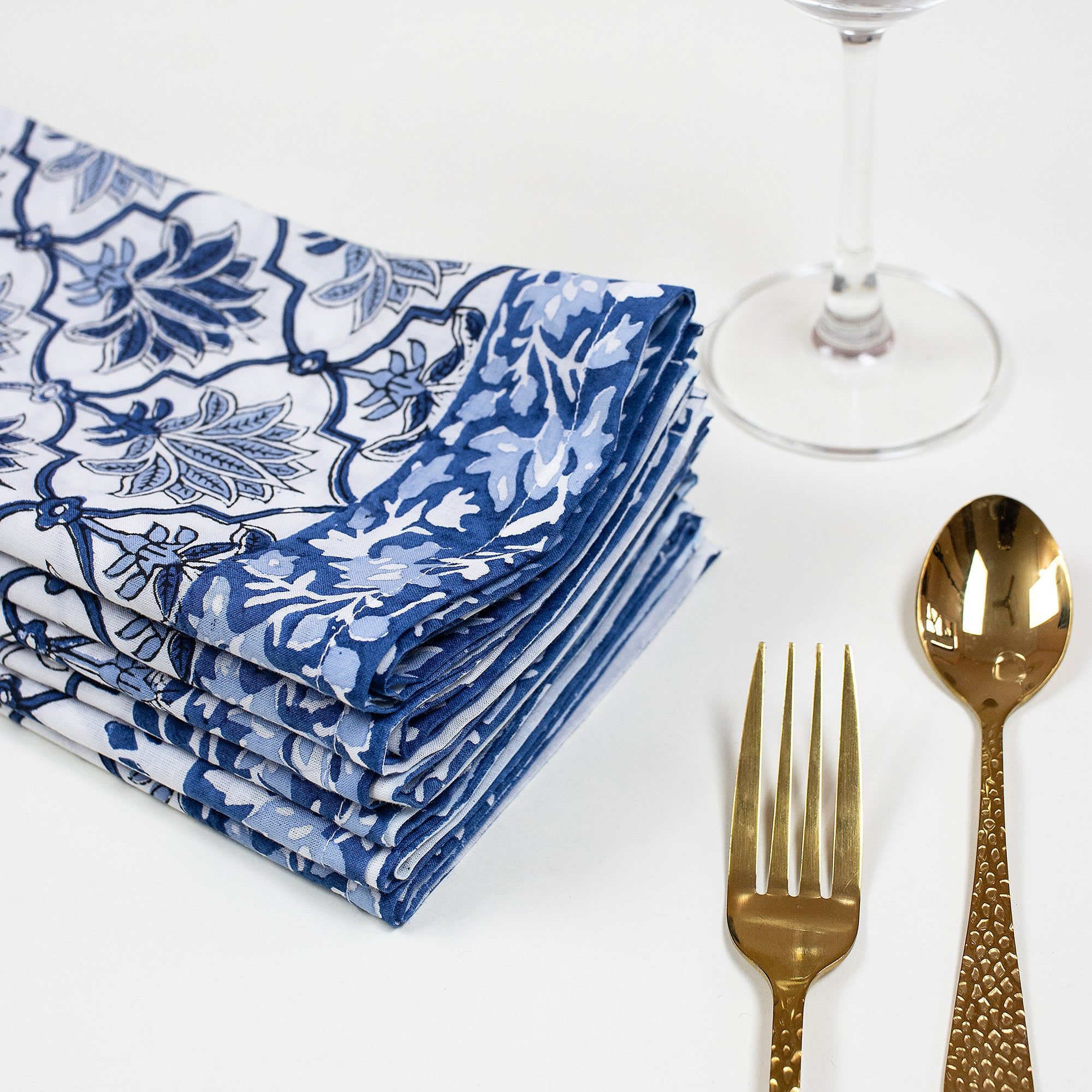 Hand Block Blue Floral Printed Cotton Table Napkins